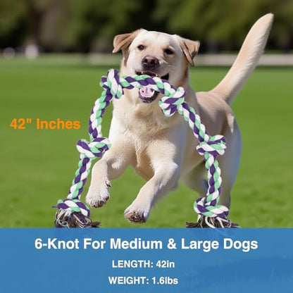 Dog Rope Toy for Large Dogs Aggressive Chewers – 42 Inch Long 6 Knot XL Tug of War Rope, Heavy Duty Indestructible Pull Toy for Big Giant Dogs and Medium Breeds, Strong/Tough/Durable Cotton