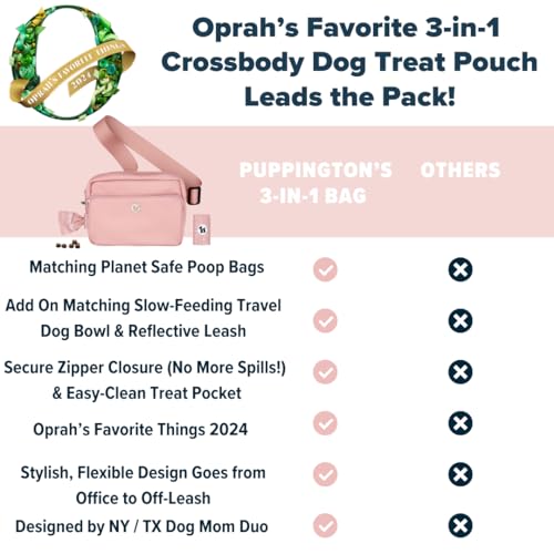 Puppington 3-in-1 Crossbody Dog Treat Pouch for Pet Training - Compostable Poop Bags, Built-In Poop Bag Dispenser, Slow-Feeding Travel Dog Bowl & Reflective Leash - Dog Walking Bag (Blush Pink) - color: Blush Pink