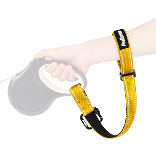 Dog Leash Wrist Strap, Safety Strap for Retractable Leash, Lockable Reflective Short Dog Walking Lead with Adjustable Soft Padded Handle, Extra Layer Security for Pet Stroller (Yellow) - color: Yellow, size: 1 Pack