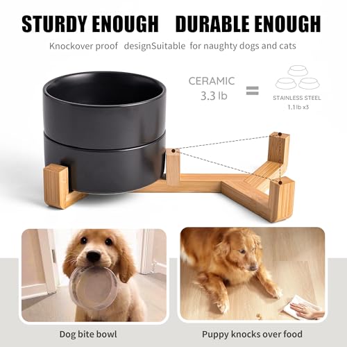 Mowtanco Black Ceramic Dog & Cat Bowl Set – 13.5 OZ with Wooden Stand, Non-Slip, Elevated Design for Small Dogs & Cats – 2 Bowls (Food & Water, Ceramic Pet Bowls, Modern Dog Bowls) - color: Black × 2