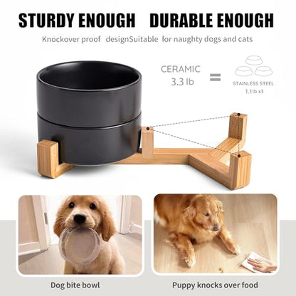 Mowtanco Black Ceramic Dog & Cat Bowl Set – 13.5 OZ with Wooden Stand, Non-Slip, Elevated Design for Small Dogs & Cats – 2 Bowls (Food & Water, Ceramic Pet Bowls, Modern Dog Bowls) - color: Black × 2