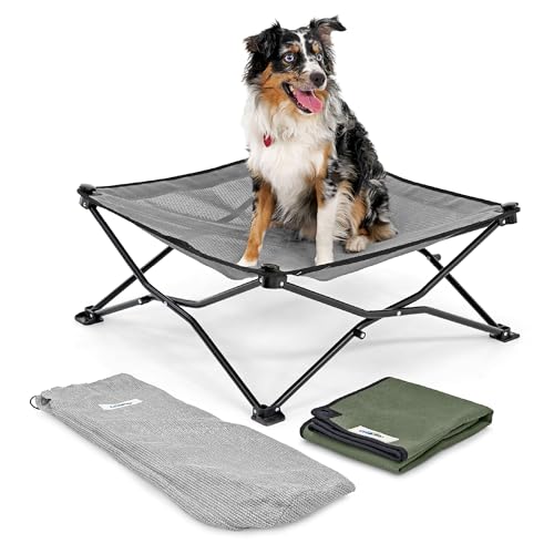 Coolaroo On-The-Go Elevated Dog Bed Kit – Portable & Cooling Travel Cot with HeatShield Fabric for Medium Dogs, Lightweight & Compact, Includes Matching Carry Bag & Everglade Green Bonus Cover, Medium - color: Everglade Green, style: Medium