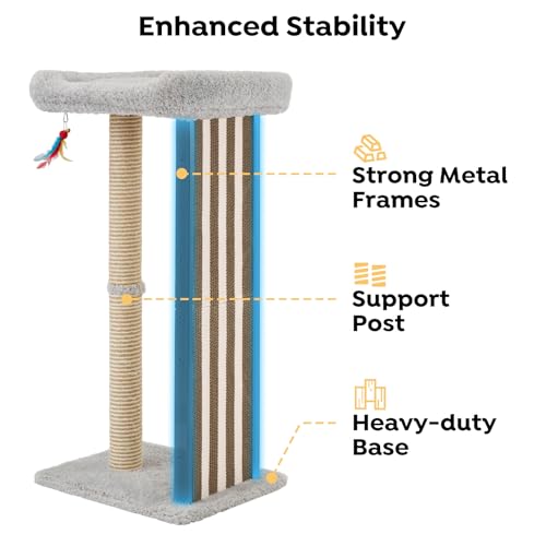 Veehoo 35" Tall Cat Scratching Post for Indoor Cats Adult, Sturdy Cat Scratch Pad with Replaceable Metal Frame Scratching Board, Large Scratch Post with Plush Top Bed