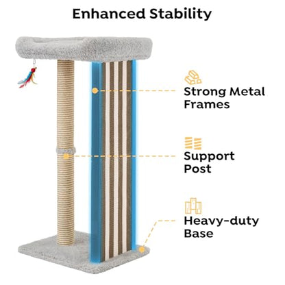 Veehoo 35" Tall Cat Scratching Post for Indoor Cats Adult, Sturdy Cat Scratch Pad with Replaceable Metal Frame Scratching Board, Large Scratch Post with Plush Top Bed