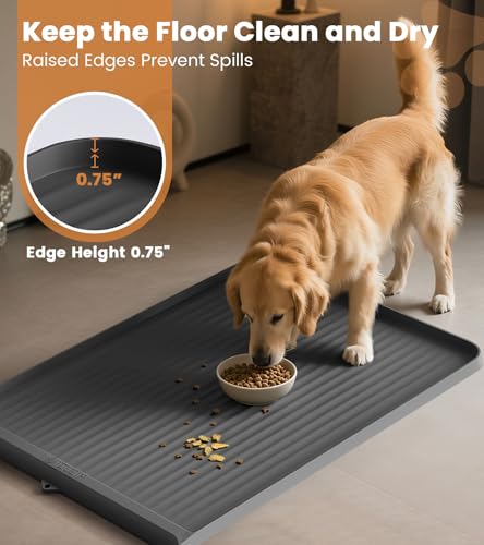Dog Food Mat 36"x24", Waterproof Pet Feeding Mat with Diversion Grooves and Raised Edges, Large Non-Slip Dog Bowl Mat for Food and Water, Cat Food Mat for Floors, Easy to Clean, Grey - color: Grey