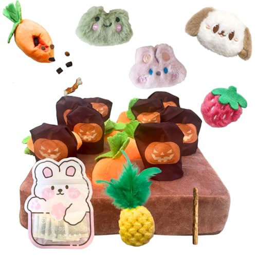 CECE PAW Carrot Patch Cat Toy Halloween Edition, Mat Pocket with Pumpkin Design, 12 Squeaky Carrot with Pockets and 4 Cute Catnip Toys for Indoor Cats Kicking and Biting - color: Carrot Puzzle + Catnip Toys, size: Cat