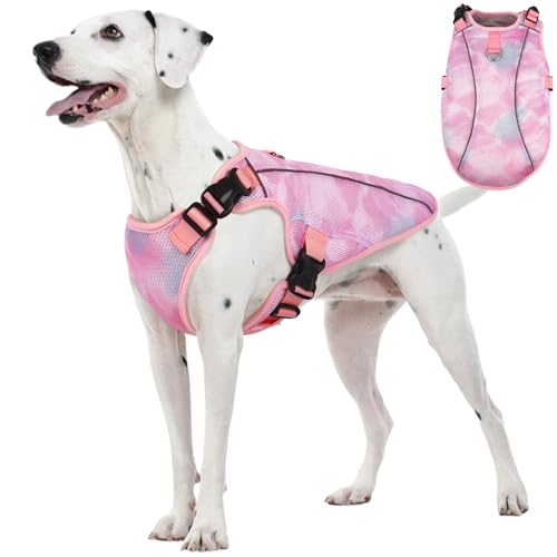 Kuoser Dog Cooling Vest for Dogs, Lightweight Cooling Shirt for Small Medium Large Dogs, Adjustable Pet Cooler Jacket with Reflective Stripe, UV Protection Pet Harness T-Shirt for Summer Outdoor - color: Pink, size: L