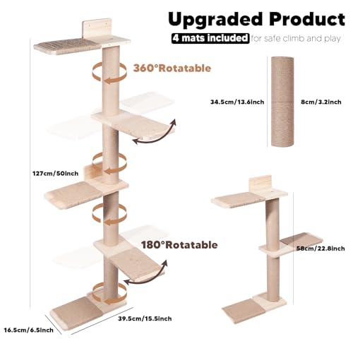 Tall Cat Tree 50inch, 4 Tier Wood Cat Tree Tower with Natural Jute Rope, Cat Wall Shelves Wall-Mounted Scratching Post Adjustable Cat Tower for Indoor Cats (4-Tier Cat Tree, Natural Jute Color)