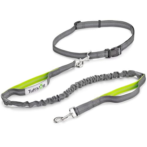 Tuff Mutt Hands Free Dog Leash for Walking Running Hiking, Waist Leash with Bungee, Adjustable Belt, Reflective Double Handle Design for Large Medium Dogs - color: green/gray