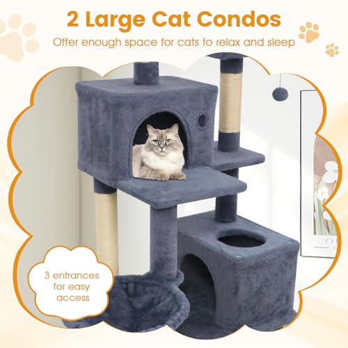 PETSITE 66 Inches Tall Cat Tree, Multi-Level Cat Tower with Sisal Scratching Posts, Side Basket, 2 Comfy Condos, Hammock, Soft Padded Top Perch, and Hanging Balls, Ideal for Indoor Cats (Dark Grey) - color: Dark Grey