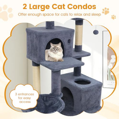PETSITE 66 Inches Tall Cat Tree, Multi-Level Cat Tower with Sisal Scratching Posts, Side Basket, 2 Comfy Condos, Hammock, Soft Padded Top Perch, and Hanging Balls, Ideal for Indoor Cats (Dark Grey) - color: Dark Grey