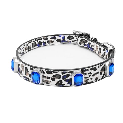Luxury K9 Crystal Dog Collar -Waterproof Wear-Resistant Microfiber Leather with Hand-Set Rhinestone Gems, Durable Metal Buckle, Adjustable Bling Collar for Small Medium Large Dogs (Blue Leopard, L) - color: Blue Leopard, size: L(FIT,NECK:14.5"-18")