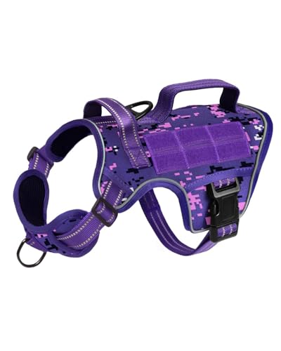 Small Dog Harness, Heavy Duty Tactical No Pull Dog Harness, No Choke, Easy On and Off Pet Vest with Molle System, Adjustable Reflective Dog Vest with Breathable Padded for Walking Hiking Training - color: Purple Camo, size: S(Neck:16-22",Chest:20-28"),18-