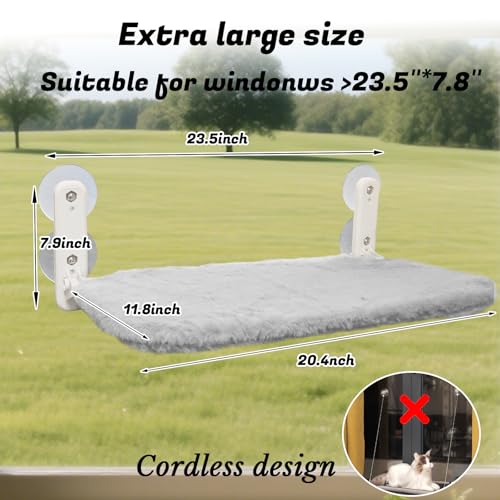 2 PCS Window Cat Bed (Medium 20.4''×11.8'') - Machine Washable Cover, 4 Large Suction Cups, Solid Metal Frame - Cordless Foldable Cat Window Hammock for Indoor Cats (2×Grey)