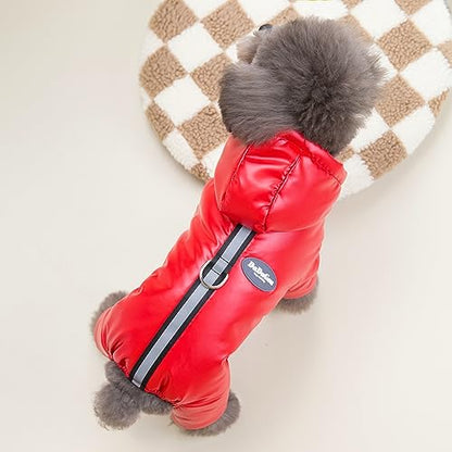 Izefia Dog Coat Windproof Jacket Cold Weather Coats 4 Legs Warm Jumpsuit Winter Thick Clothes Snow Proof Cotton Coat for Small Dog Medium Cat Red XXL - color: Red, size: XX-Large (Back length: 14.6 inches)