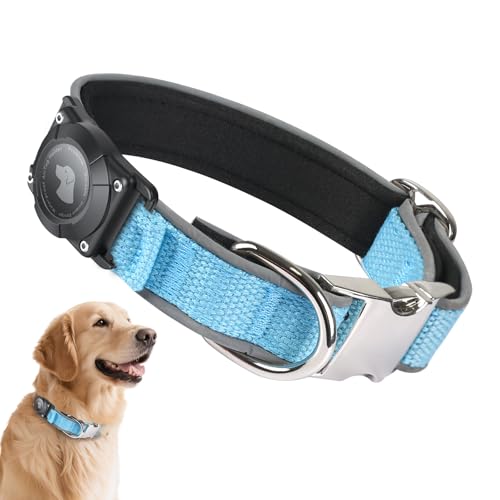 Waterproof Airtag Dog Collar - Nylon Collar with Durable Airtag Holder, Reflective&Anti-Lost with Safety Metal Buckle, Soft Padded Adjustable for Small Medium Large Dogs Blue L - color: Blue, size: L (14.5"-19.8")