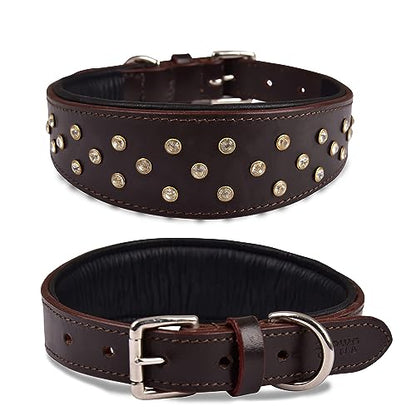 Genuine Leather ‘Cupola’ Series Dog Collar | Rhinestone | Soft, Cushion Padding, Handmade | Best for Medium, Large, XL Breeds (XL (Neck Size 22.5"-25.5"),Cherry - Silver Crystal Stones) - color: Cherry - Silver Crystal Stones, size: XL (Neck Size 22.5"-25