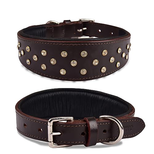 Genuine Leather ‘Cupola’ Series Dog Collar | Rhinestone | Soft, Cushion Padding, Handmade | Best for Medium, Large, XL Breeds (XL (Neck Size 22.5"-25.5"),Cherry - Silver Crystal Stones) - color: Cherry - Silver Crystal Stones, size: XL (Neck Size 22.5"-25