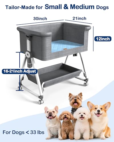 Bedside Dog Bed, 6-Height Adjustable Elevated Cat Bed for Small & Medium Puppy & Cat, Extension for Human Bed, Pet Bassinet with Removable & Washable Cover, Dogs Couch with Sides (30" L x 21" W) - size: Large