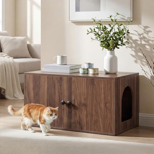 HOOBRO Cat Litter Box Enclosure, Hidden Litter Box Furniture with Side Entry, Litter Box Cabinet, Indoor Cat House, End Side Table, 31.5"L x 17.7"W x 16.3"H, for Living Room, Bathroom, Walnut WL40MW01 - color: Walnut