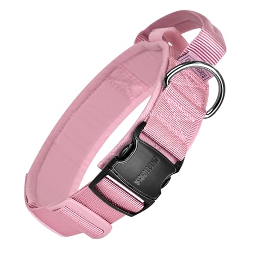 OneTigris Tough Dog Collars, Tactical Dog Collar with Handle, Milltary Adjustable Dog Collar with Heavy Duty Metal Buckle for Training (Medium,Pink) - color: Pink, size: Medium