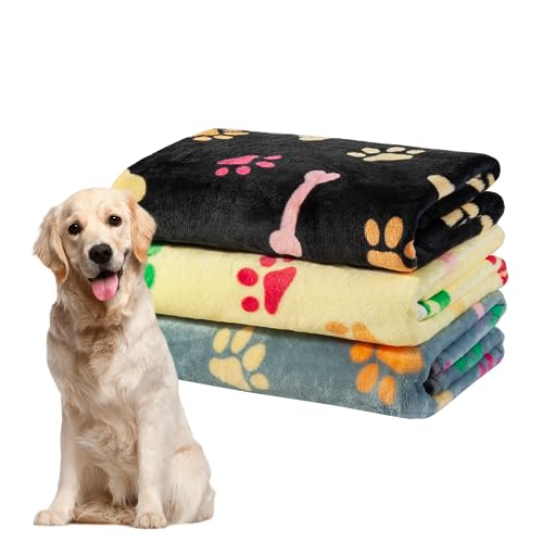 Dono 1 Pack 3 Dog Blankets, Soft Fluffy Fleece Pet Blanket Warm Sleep Mat Paw Print Design Puppy Kitten Throw Blankets Doggy Blanket for Dogs - color: Black/Yellow/Gray, size: L(41*31")