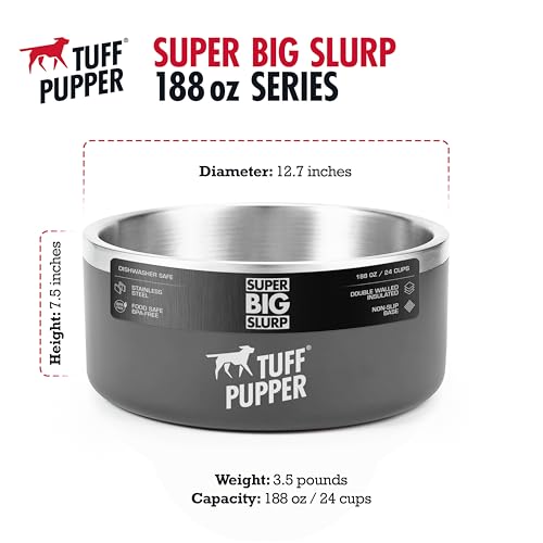 Tuff Pupper Heavy Duty Insulated Dog Bowl | Double Wall Stainless Steel Dog Food Dish | Non-Slip Spill Proof Dishwasher Safe Cat Bowl | Water Dish for Feeding Large Medium Small Pets (188oz, Grey) - color: Cool Grey, size: 188oz