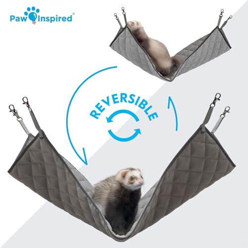 Paw Inspired Hanging Fleece Hammock for Ferrets, Rats, Chinchillas, Sugar Gliders, Small Pets | Hideout Toy for Guinea Pigs, Hamsters | Swivel Clips for Small Animal Cages (Gray/Light Gray) - color: Gray/Light Gray