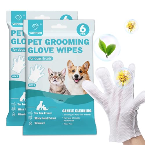Vannon Extra Thick Pet Bathing Wipes for Dogs & Cats, Cleaning & Odor-Controlling Grooming Gloves, Nourish Fur Glove Wipes for Daily Care and Traveling, Rinse Free, Unscented, 2 Pack, 12 PCS - size: 2pack