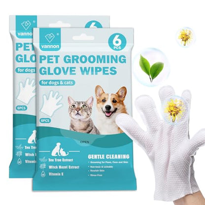Vannon Extra Thick Pet Bathing Wipes for Dogs & Cats, Cleaning & Odor-Controlling Grooming Gloves, Nourish Fur Glove Wipes for Daily Care and Traveling, Rinse Free, Unscented, 2 Pack, 12 PCS - size: 2pack
