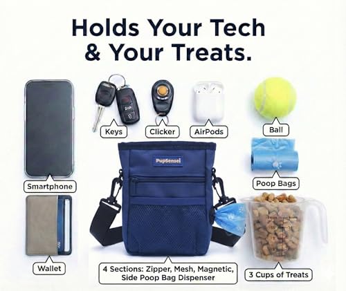 Dog Treat Pouch for Training – Magnetic Dog Treat Bag with Belt Clip & Poop Bag Dispenser – Hands Free Carry Pouch with Auto-Close Access & Shoulder Strap – Durable Pet Gear – Navy Blue - color: Navy Blue