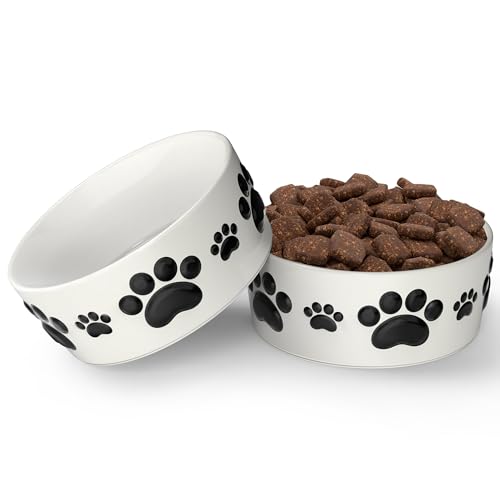 Ceramic Dog Bowls for Small Size Dog - 5'' Round × 2 Tall Dog Food Bowl & Water Bowl Set of 2 - Small Dog Bowls with Anti-Slip Rings - 2 Cups Food and Water Bowls for Dogs and Cats - size: 5 in