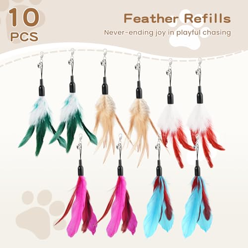 Pawaboo Feather Teaser Cat Toy, Interactive Wands Cats Toy Flying Feathers Cat Catcher with Extra Long 34.5" Wand and Small Bell, Playing Toys, 1 Wand + 10 Feathers, Multi-Color Feather Blend - color: Z-Mixed Color-10 Pack