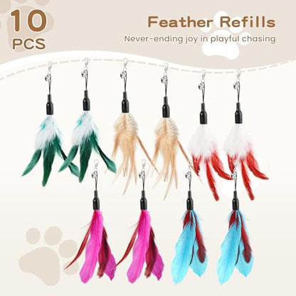 Pawaboo Feather Teaser Cat Toy, Interactive Wands Cats Toy Flying Feathers Cat Catcher with Extra Long 34.5" Wand and Small Bell, Playing Toys, 1 Wand + 10 Feathers, Multi-Color Feather Blend - color: Z-Mixed Color-10 Pack