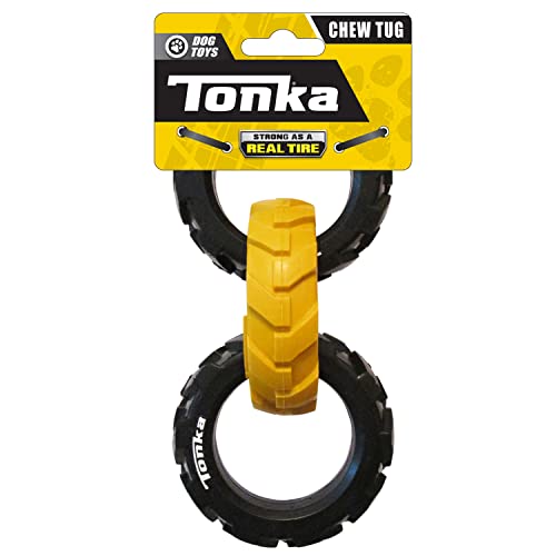 Tonka Rubber 3-Ring Tug Dog Toy, Lightweight, Durable and Water Resistant, 7.5 Inches, for Medium/Large Breeds, Single Unit, Yellow/Black - size: 7.5 inch Rubber Flex Tread
