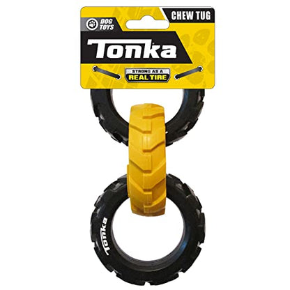 Tonka Rubber 3-Ring Tug Dog Toy, Lightweight, Durable and Water Resistant, 7.5 Inches, for Medium/Large Breeds, Single Unit, Yellow/Black - size: 7.5 inch Rubber Flex Tread
