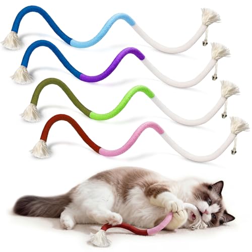4 Pack Interactive Cat Chew Rope Toys - Durable Hand-Woven Cotton Teaser Sticks with Jingle Bells - Safe Teeth Cleaning & Teething Toys for Indoor Cats, Kittens, and Aggressive Chewers - color: Multicolor, size: 4 Packs