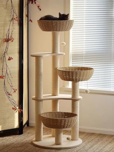 Modern Wood Cat Tree for Large Cats,Luxury Rattan Oak Solid Cat Trees Towers，3 Weaving Cat Nests & Washable Cushions, Sisal Scratching Posts,Cat Condo for Indoor Cats, Varnish, Easy Clean (Large-O1) - size: Large-O1
