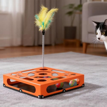 2026 New Metal Cat Scratch Puzzle Enrichment Box,cat Puzzle, 1 Spring-Loaded Colorful Feather Stick with a Bell,No Assembly Required, All Cats Indoor Play Toy - color: Hermès Orange