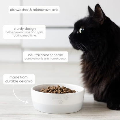 Pearhead Paws Off Ceramic Cat Bowl, Holds 1.3 Cups, Small Food and Water Bowl for Cats, Pet Dish, Microwave and Dishwasher Safe (Pack of 2) - color: Gray "Paws Off", size: Bowl Set