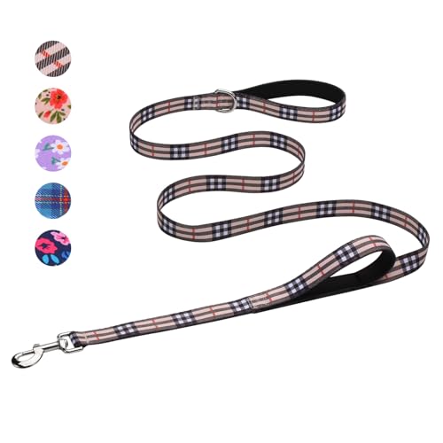 Hikiko 6 Foot Double Handle Small Dog Leash, Padded Pet Leash Traffic Handles for Walking Training (Beige Plaid, 6ft) - color: Beige Plaid, size: 3/4 in x 6 ft