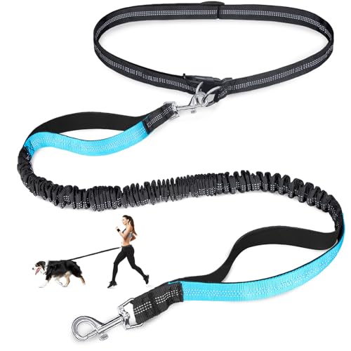 Laqibak Hands Free Dog Leash, Adjustable Waist Leash for Dog, Handle Bungee 4.2-6.7 Feet Long with Reflective Stitches for Walking Hiking Running, Fits 26"- 43" Waist, Black & Blue - color: Black+Blue