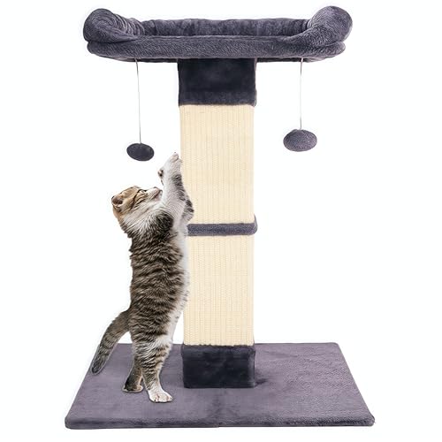 34" Cat Scratching Post for Indoor Cats, Sisal Cat Scratcher with Large Plush Perch, Vertical Posts with Elevated Bed and with Two Dangling Balls, Removable & Washable Cover, Dark Grey - color: Dark grey