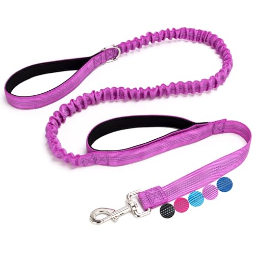 5FT Bungee Dog Leash with 2 Handles, Reflective Strong Nylon Traffic Leash with Shock Absorbing for Large Medium Dogs Walking Training Controlling, Purple - color: Purple