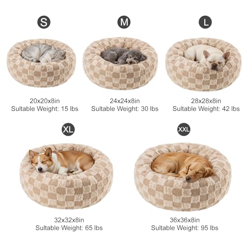 Dog Calming Beds for Small Medium Large Dogs - Round Donut Washable Puppy Dog Bed, Anti-Slip Faux Fur Fluffy Donut Cuddle Anxiety Cat Pet Bed (24" Grid) - color: Grid, size: 24"L x 24"W x 8"Th