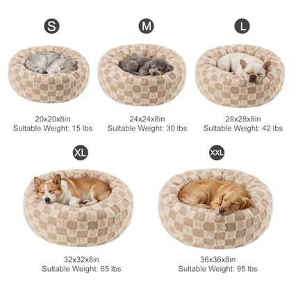 Dog Calming Beds for Small Medium Large Dogs - Round Donut Washable Puppy Dog Bed, Anti-Slip Faux Fur Fluffy Donut Cuddle Anxiety Cat Pet Bed (28" Grid) - color: Grid, size: 28"L x 28"W x 8"Th