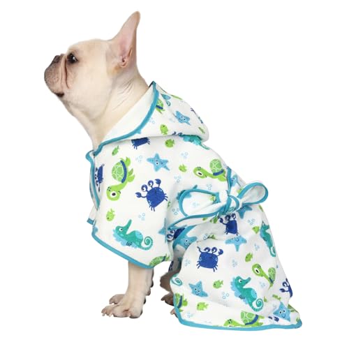HDE Dog Bathrobe Super Absorbent Quick Drying Puppy Towel Wrap Coat Adjustable After Bath Robes with Hood for Dog Sizes S-XXL Sea Animals S - color: Sea Animals, size: Small