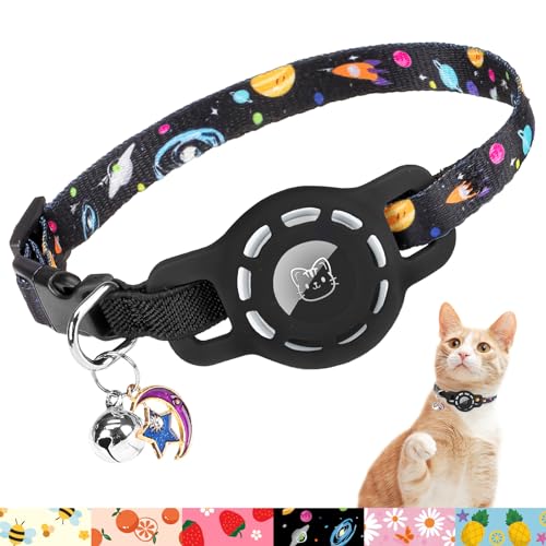 BINGPET AirTag Cat Collar with Bells, Upgraded Safety Elastic Cat Collar with Airtag Cat Collar Holder, Anti-Lost Cat Collars for Girl Boy Cats, Anti-Suffocation Kitty Puppy Collars - color: Starry Sky
