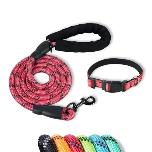 Dog Leash with Collar 5FT Heavy Duty Rope Leash with Reflective Threads & Comfortable Padding Adjustable Collar for Large Breed Dogs Walking, Jogging, Outdoor Adventures (Red, M) - color: Red, size: M