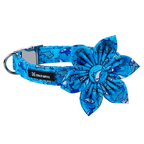 Maca Bates Flower Shark Dog Collar with Flowers for Dogs Blue Adjustable Breakaway Cute Collars Accessories Gift for Small Medium Large XL Puppy with Golden Metal Buckle - color: Summer-Flower Bow-SHARK, size: XL